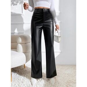 black Zipper Fly vegan leather Flare Leg Pants